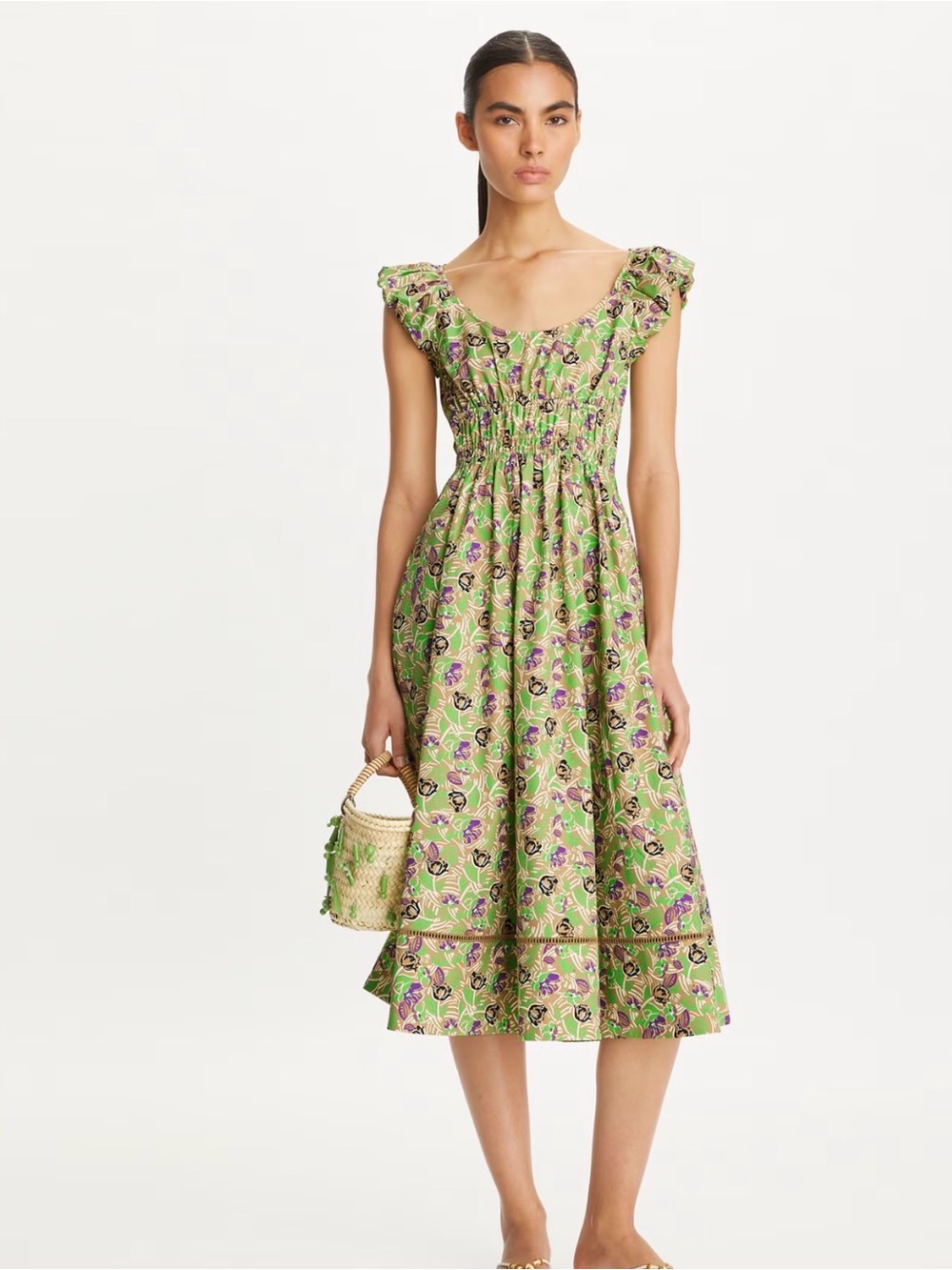 Tory Burch Printed Cotton Poplin Dress in Green Scribble Floral Size 6